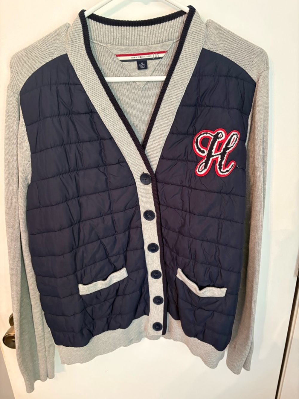 Tommy Hilfiger Navy & Light Gray Quilted Cardigan with 'H' Accent